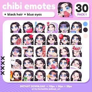 x30 Chibi Emotes | EMOTE BUNDLE 1/3 | Black Hair/Blue Eyes | Twitch/Discord/YouTube/Streaming | Cute Gamer Girl Emotes