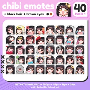 P2U かわいいチビ黒髪/茶色の目エモートパック 1 x40 | エモートバンドル | Twitch/Discord/YouTube/ストリーミング | かわいい女の子エモート