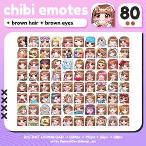 Lot de 80 emotes mignons Chibi cheveux bruns/yeux bruns P2U | PACK Émoticônes | Twitch/Discord/YouTube/Streaming | Émoticônes fille kawaii