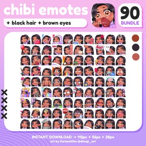 x90 Chibi Emotes | MEGA PACK/BUNDLE | Black Hair/Brown Eyes/Dark Skin | Twitch/Discord/YouTube/Streaming | Cute Gamer Girl Emotes