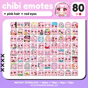 Megapack de 80 emoticones de chibi lindo de cabello rosa y ojos rojos para Twitch, Discord, YouTube y streaming.