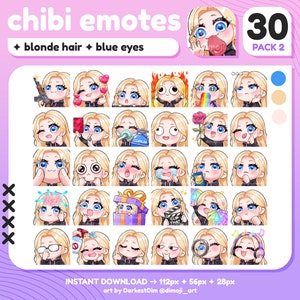 x30 Chibi Emotes | EMOTE BUNDLE 2/3 | Blonde Hair/Blue Eyes | Twitch/Discord/YouTube/Streaming | Cute Gamer Girl Emotes