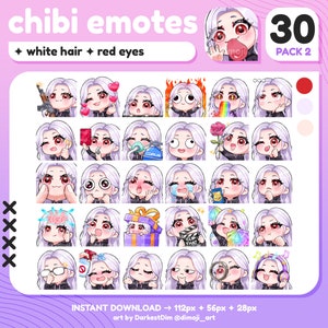 x30 Chibi Emotes | EMOTE BUNDLE 2/3 | White/Silver Hair/Red Eyes | Twitch/Discord/YouTube/Streaming | Cute Gamer Girl Emotes