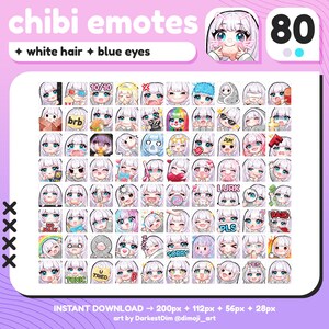Megapack de 80 emoticones de P2U: Chibi lindo de cabello blanco y ojos azules. Pack de emoticones para Twitch, Discord, YouTube y streaming. Emoticones de chica kawaii.