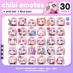 x30 Chibi Emotes | EMOTE BUNDLE 2/3 | Pink Hair/Blue Eyes | Twitch/Discord/YouTube/Streaming | Cute Gamer Girl Emotes