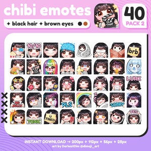 P2U Cute Chibi Black Hair/Brown Eyes Emote PACK 2 x40 | Emotes BUNDLE | Twitch/Discord/YouTube/Streaming | Kawaii Girl Emotes
