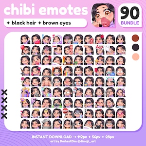 x90 Chibi Emotes | MEGA PACK/BUNDLE | Black Hair/Brown Eyes/Tan Skin | Twitch/Discord/YouTube/Streaming | Cute Gamer Girl Emotes