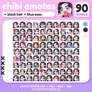 x90 Chibi Emotes | MEGA PACK/BUNDLE | Black Hair/Blue Eyes | Twitch/Discord/YouTube/Streaming | Cute Gamer Girl Emotes