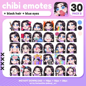x30 Chibi Emotes | EMOTE BUNDLE 2/3 | Black Hair/Blue Eyes | Twitch/Discord/YouTube/Streaming | Cute Gamer Girl Emotes