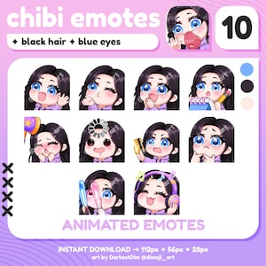 10x Chibi ANIMATED EMOTES | Black Hair/Blue Eyes | Twitch/Discord/YouTube | Cute Gamer Girl Emotes