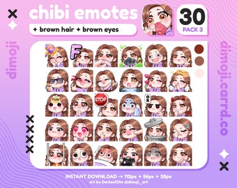 x30 Chibi Emotes | EMOTE BUNDLE 3/3 | Brown Hair/Brown Eyes | Twitch/Discord/YouTube/Kick/Streaming | Cute Gamer Girl Emotes