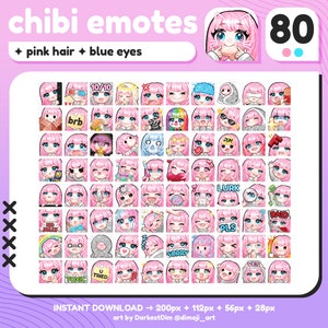 P2U Cute Chibi Pink Hair/Blue Eyes Emote MEGA PACK x80 | Emotes BUNDLE | Twitch/Discord/YouTube/Streaming | Kawaii Girl Emotes
