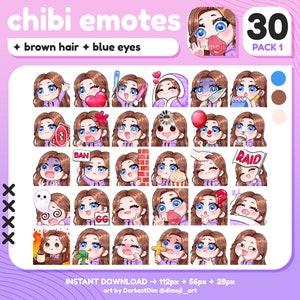 x30 Chibi Emotes | EMOTE BUNDLE 1/3 | Brown Hair/Blue Eyes | Twitch/Discord/YouTube/Streaming | Cute Gamer Girl Emotes