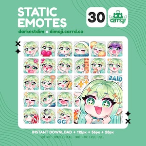 STATIC Chibi Elf / Elven Emotes (30) | Green Hair | Green Eyes | Emote Pack | Twitch/Discord/Streaming | Cute Elf Girl Emote