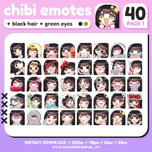 P2U Cute Chibi Black Hair/Green Eyes Emote PACK 1 x40 | Emotes BUNDLE | Twitch/Discord/YouTube/Streaming | Kawaii Girl Emotes