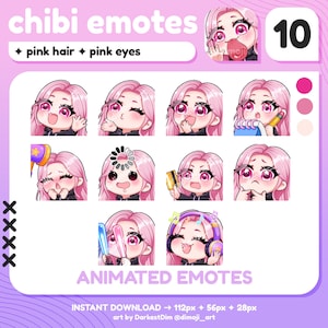 10 EMOTE ANIMATE Chibi / Capelli rosa/Occhi rosa / Twitch/Discord/YouTube / Emote per ragazza giocatore carina
