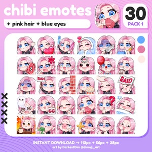 x30 Chibi Emotes | EMOTE BUNDLE 1/3 | Pink Hair/Blue Eyes | Twitch/Discord/YouTube/Streaming | Cute Gamer Girl Emotes