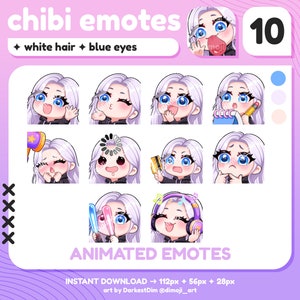 10x Chibi ANIMATED EMOTES | White/Silver Hair/Blue Eyes | Twitch/Discord/YouTube | Cute Gamer Girl Emotes