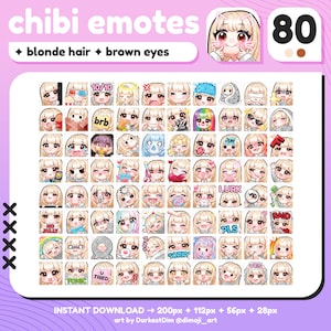 P2U Cute Chibi Blonde Hair/Brown Eyes Emote MEGA PACK x80 | Emotes BUNDLE | Twitch/Discord/YouTube/Streaming | Kawaii Girl Emotes