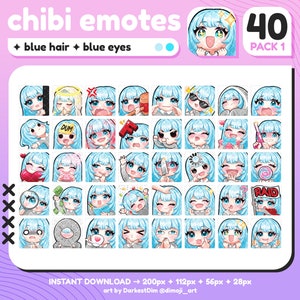 P2U Süßes Chibi Blaues Haar / Blaue Augen Emote PACK 1 x40 | Emotes BUNDLE | Twitch/Discord/Youtube/streaming | Kawaii Girl Emotes