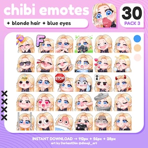 x30 Chibi Emotes | EMOTE BUNDLE 3/3 | Blonde Hair/Blue Eyes | Twitch/Discord/YouTube/Streaming | Cute Gamer Girl Emotes