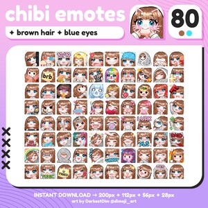 P2U Cute Chibi Brown Hair/Blue Eyes Emote MEGA PACK x80 | Emotes BUNDLE | Twitch/Discord/YouTube/Streaming | Kawaii Girl Emotes