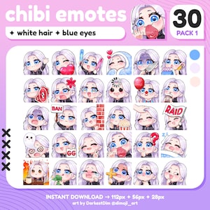 x30 Chibi Emotes | EMOTE BUNDLE 1/3 | White/Silver Hair/Blue Eyes | Twitch/Discord/YouTube/Streaming | Cute Gamer Girl Emotes