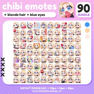 x 90 chibi-emotes | MEGAPAKKET/BUNDEL | Blond haar/blauwe ogen | Twitch/Discord/YouTube/Streaming | Leuke gamermeisje-emoties