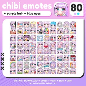 P2U Cute Chibi Purple Hair/Blue Eyes Emote MEGA PACK x80 | Emotes BUNDLE | Twitch/Discord/YouTube/Streaming | Kawaii Girl Emotes