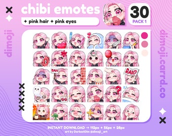 x30 Chibi Emotes | EMOTE BUNDLE 1/3 | Pink Hair/Pink Eyes | Twitch/Discord/YouTube/Kick/Streaming | Cute Gamer Girl Emotes
