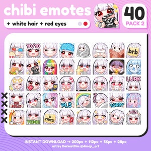 P2U Cute Chibi White Hair/Red Eyes Emote PACK 2 x40 | Emotes BUNDLE | Twitch/Discord/YouTube/Streaming | Kawaii Girl Emotes