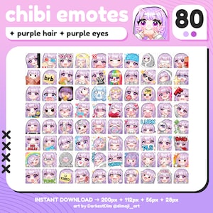 P2U Cute Chibi Purple Hair/Purple Eyes Emote MEGA PACK x80 | Emotes BUNDLE | Twitch/Discord/YouTube/Streaming | Kawaii Girl Emotes