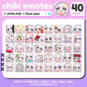 P2U Cute Chibi White Hair/Blue Eyes Emote PACK 1 x40 | Emotes BUNDLE | Twitch/Discord/YouTube/Streaming | Kawaii Girl Emotes