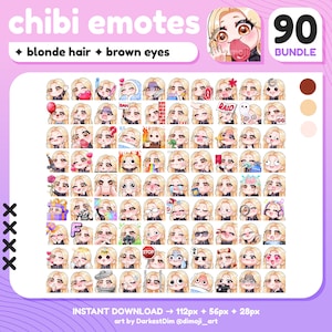 x90 Chibi Emotes / MEGA PACK/BUNDLE / Cabello rubio/Ojos marrones / Twitch/Discord/YouTube/Streaming / Cute Gamer Girl Emotes
