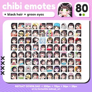 P2U Cute Chibi Black Hair/Green Eyes Emote MEGA PACK x80 | Emotes BUNDLE | Twitch/Discord/YouTube/Streaming | Kawaii Girl Emotes