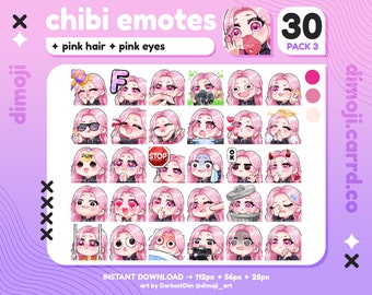x30 Chibi Emotes | EMOTE BUNDLE 3/3 | Pink Hair/Pink Eyes | Twitch/Discord/YouTube/Kick/Streaming | Cute Gamer Girl Emotes
