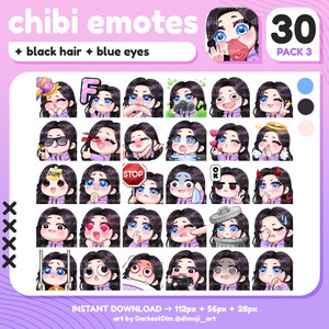 x30 Chibi Emotes | EMOTE BUNDLE 3/3 | Black Hair/Blue Eyes | Twitch/Discord/YouTube/Streaming | Cute Gamer Girl Emotes