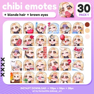 x30 Chibi Emotes | EMOTE BUNDLE 1/3 | Blonde Hair/Brown Eyes | Twitch/Discord/YouTube/Streaming | Cute Gamer Girl Emotes