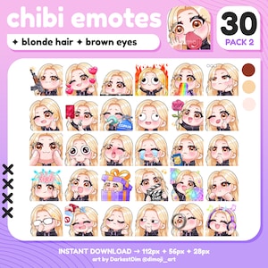 x30 Chibi Emotes | EMOTE BUNDLE 2/3 | Blonde Hair/Brown Eyes | Twitch/Discord/YouTube/Streaming | Cute Gamer Girl Emotes