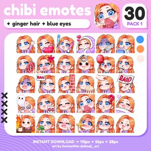 x30 Chibi Emotes | PAKIET EMOTE 1/3 | Czerwone/Rude włosy/Niebieskie oczy | Twitch/Discord/YouTube/Streaming | Urocze emotikony Gamer Girl