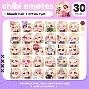 x30 Chibi Emotes | EMOTE BUNDLE 3/3 | Blonde Hair/Brown Eyes | Twitch/Discord/YouTube/Streaming | Cute Gamer Girl Emotes