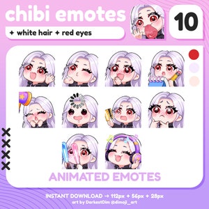 10x Chibi ANIMATED EMOTES | White/Silver Hair/Red Eyes | Twitch/Discord/YouTube | Cute Gamer Girl Emotes