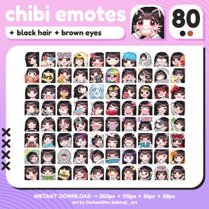 P2U Süßer Chibi Schwarzes Haar/Braune Augen Emote MEGA PACK x80 | Emotes BUNDLE | Twitch/Discord/Youtube/streaming | Kawaii Girl Emotes
