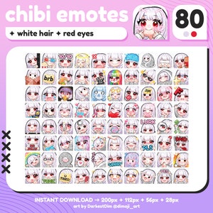 P2U Cute Chibi White Hair/Red Eyes Emote MEGA PACK x80 | Emotes BUNDLE | Twitch/Discord/YouTube/Streaming | Kawaii Girl Emotes