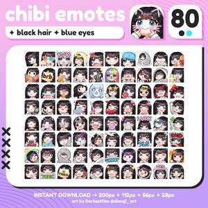 P2U Cute Chibi Black Hair/Blue Eyes Emote MEGA PACK x80 | Emotes BUNDLE | Twitch/Discord/YouTube/Streaming | Kawaii Girl Emotes