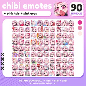x90 Chibi Emotes | MEGA PACK/BUNDLE | Pink Hair/Pink Eyes | Twitch/Discord/YouTube/Streaming | Cute Gamer Girl Emotes