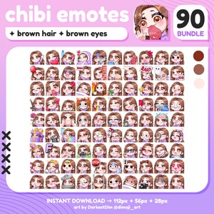 90 x 90 émoticônes Chibi | MÉGA PACK/BUNDLE | Cheveux bruns/yeux bruns | Twitch/Discord/YouTube/Streaming | Emotes gamer girl mignonnes