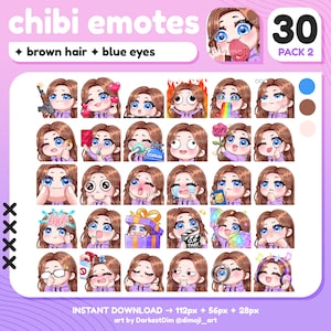 x30 Chibi Emotes | EMOTE BUNDLE 2/3 | Brown Hair/Blue Eyes | Twitch/Discord/YouTube/Streaming | Cute Gamer Girl Emotes