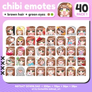 P2U Cute Chibi Brown Hair/Green Eyes Emote PACK 1 x40 | Emotes BUNDLE | Twitch/Discord/YouTube/Streaming | Kawaii Girl Emotes
