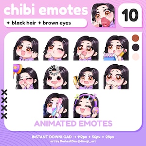 10x ちびアニメエモート | 黒髪/茶色の目 | Twitch/Discord/YouTube | かわいいゲーマーガールエモート